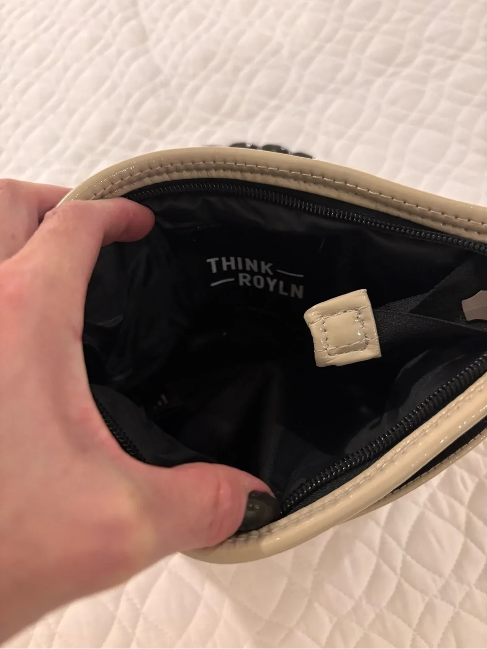 THINK ROYLN Beige Patent Quilted Crossbody with Gold & Black Chain